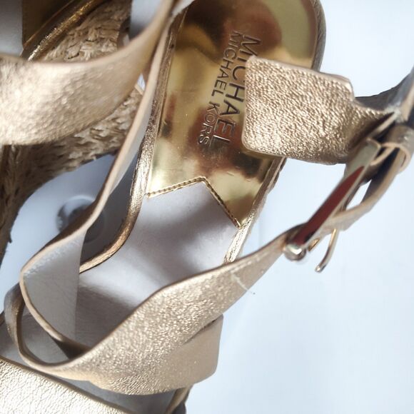 Michael Kors Espadrille Sandals Size 8.5 Platform Gold Leather Giovanna 5" Wedge - Picture 8 of 14